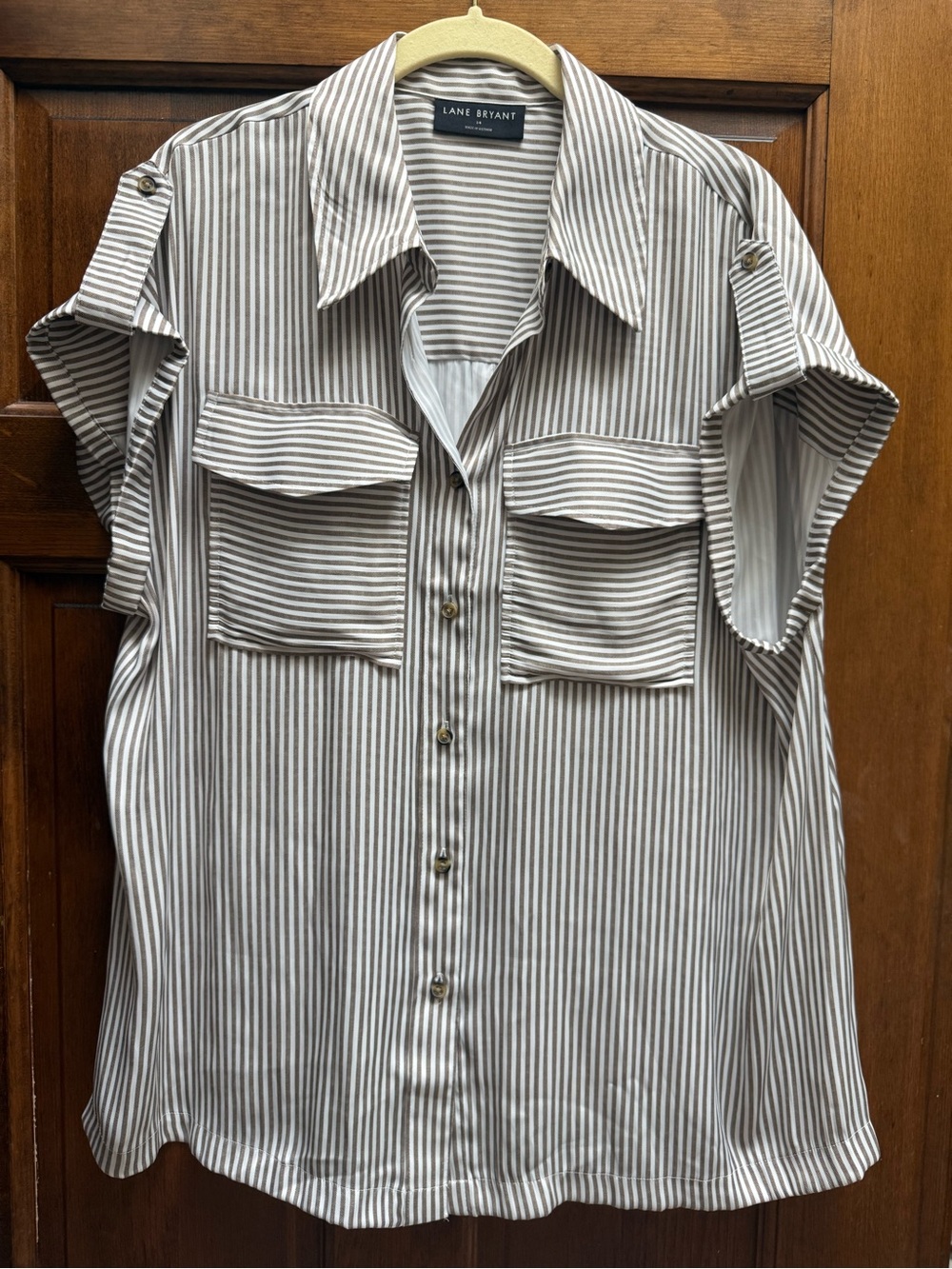 Lane Bryant Brown & White Striped Short-Sleeve Button Shirt